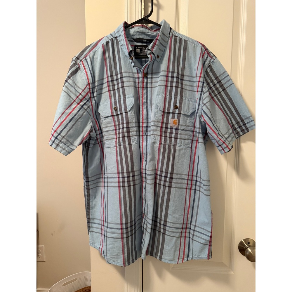 Carhartt Mens Loose Fit‎ Short Sleeve Plaid Button Down Shirt Light Blue Large